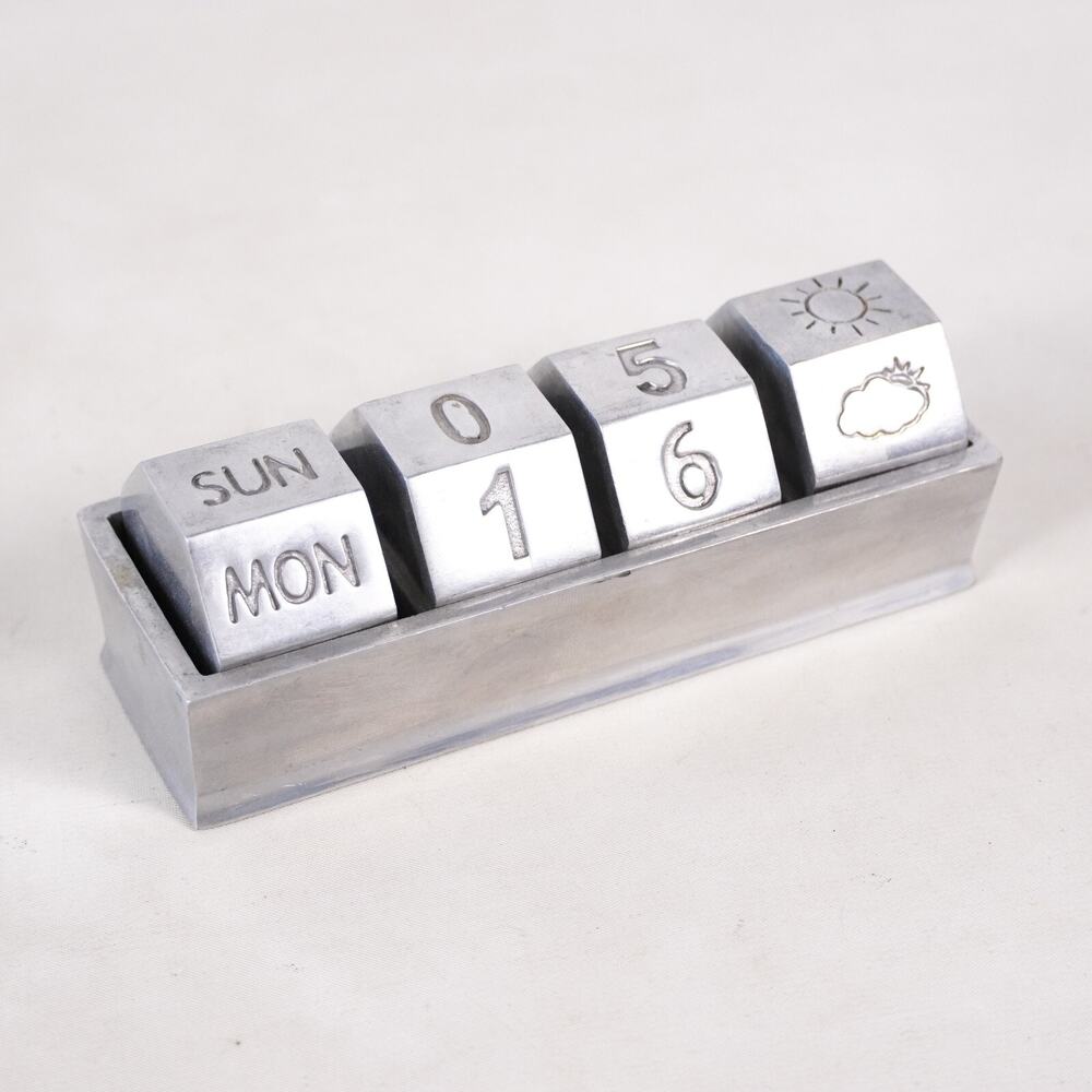 Pottery Barn Pewter Metal Cube Perpetual Desk Calendar Date Office Decor Vintage